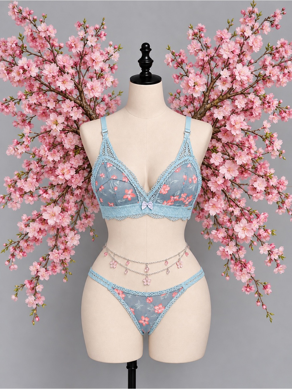 🍒3/33$ La Vie En Rose Light Blue Floral Lace Bralette with Pink Flowers